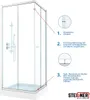 An illustration of a shower enclosure with numbered instructions and diagrams on the right side, and a brand logo at the bottom right. Produktbild-Vorschau