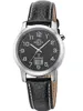 A close-up studio shot of a men's wristwatch with a black leather strap and a black dial. Produktbild-Vorschau