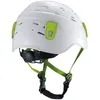 A white climbing helmet with green accents, shown in a studio setting against a white background. Voir les images du produit
