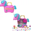 A collage of a toy unicorn piñata case, shown closed and open, with accessories laid out. Náhled obrázku produktu