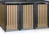A three-unit trash bin enclosure with wooden-look slats and metal frames, shown from the front. Produktbild-Vorschau