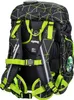 The back view of a black backpack with green geometric patterns and straps. Náhled obrázku produktu