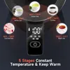 A digital display on a kettle showing temperature settings for different teas and coffee, with images of the beverages. Produktbild-Vorschau