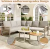 An outdoor patio scene featuring a sectional sofa and coffee tables, with text overlays highlighting product features. Produktbild-Vorschau