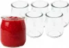 A set of six clear glass jars, one filled with red jam or preserve. Náhled obrázku produktu
