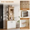 A collage of images showing a white and wood-colored entryway organizer with shelves and cabinets, along with close-ups of its features. Produktbild-Vorschau