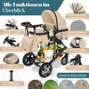 A detailed marketing image of a beige and black stroller, showcasing various features with text callouts and close-up insets. Produktbild-Vorschau