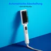A white hair straightening brush with a cord is shown leaning against a blue wall, with text overlay indicating automatic shut-off after 60 minutes. Produktbild-Vorschau