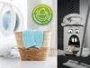 A split image showing a laundry basket with cleaning cloths on the left and a cartoon trash can overflowing with trash and money on the right. Produktbild-Vorschau
