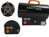 A collage of images showing a black gas heater with an orange handle and control panel, including close-ups of the control panel and the fan mechanism. Anteprima dell’immagine prodotto