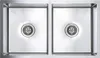 A top-down view of a double stainless steel sink with drains. Náhľad obrázku produktu