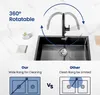 A black kitchen faucet is shown above a black sink, with graphics illustrating its 360-degree rotatable feature and a comparison of cleaning range. Produktbild-Vorschau