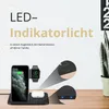 A black 3-in-1 wireless charging station with a phone, smartwatch, and earbuds on it, set against a light gray and white background with some text and diagrams. Produktbild-Vorschau