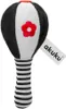 A baby rattle shaped like a hot air balloon with black and white stripes and a red flower. Produktbild-Vorschau