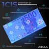 A banknote under UV light, with various detection features highlighted by icons and text. Produktbild-Vorschau