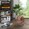 A copper-colored fan is shown in a room with a plant and a window overlooking a garden. The left side of the image displays marketing text and lifestyle images of the fan in different room settings. Produktbild-Vorschau