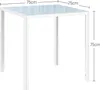 A square table with a glass top and white metal legs, with dimensions indicated. Anteprima dell’immagine prodotto