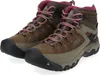 A pair of brown and gray KEEN hiking boots with pink laces, shown against a white background. Voir les images du produit