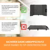 The image shows a heating panel in two different positions, with text explaining its safety features. Náhľad obrázku produktu