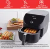 An air fryer is shown with food, including taquitos and chips with guacamole, and marketing text highlighting its features. Produktbild-Vorschau