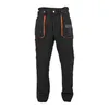 A pair of black chainsaw protective pants with orange trim and a logo on the right pocket. Anteprima dell’immagine prodotto