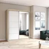 Schwebetürenschrank mt Spiegel in Sonoma Eiche/Weiß
Breite:	150 cm
Höhe: 200 cm	
Tiefe: 61 cm Produktbild-Vorschau