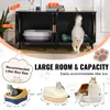 A black cat litter box enclosure with a white cat inside, and various litter boxes shown with dimensions. The image highlights the large capacity and recommended litter box sizes. Produktbild-Vorschau