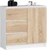 A white and wood cabinet with three drawers and a cabinet door, on a white background. A camera and some decorative items are on top. Produktbild-Vorschau