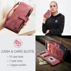 A collage of images showing a red wallet phone case, a woman holding a similar wallet, and a close-up of the wallet's interior with cards and cash. Produktbild-Vorschau