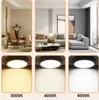 Collage showing different lighting temperatures of a downlight LED spot in a modern living room setting and close-ups of the light itself. Produktbild-Vorschau