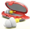 A pair of white and yellow earplugs are shown in a red and gray case. One earplug is in the case, and the other is in the foreground. Podgląd zdjęcia produktu