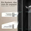 A close-up of a black cabinet with glass shelves, featuring callouts highlighting its features. Produktbild-Vorschau