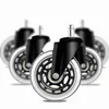 A group of office chair casters are arranged in a row, with the front caster in sharp focus and the others blurred. Produktbild-Vorschau