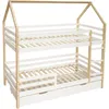 A white and wood bunk bed with a house-shaped frame and drawers underneath, shown against a white background. Náhled obrázku produktu