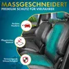 Interior of a car with black leather seats, featuring seat covers with a green honeycomb pattern. There are three circular icons with text and graphics on the left side. Produktbild-Vorschau