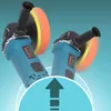 Two blue polishers with orange and yellow buffing pads are shown against a gradient blue and white background. An upward-pointing arrow graphic is overlaid at the bottom. Voir les images du produit
