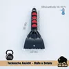 A black ice scraper with red accents is shown on a white, snowy background. Dimensions and features are indicated with text and lines. Produktbild-Vorschau
