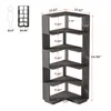 A diagram showing the dimensions of a corner bookshelf, with a silhouette of a person for scale. Produktbild-Vorschau