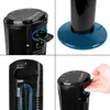 Collage of images showing details of a black tower fan with blue accents, including the control panel, base, and remote. Anteprima dell’immagine prodotto