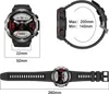 A collage of images showing a smartwatch from different angles with dimensions and feature callouts. Produktbild-Vorschau