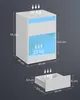 A white nightstand with blue LED lighting and an open drawer, showing dimensions and weight capacity. Produktbild-Vorschau