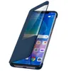 A dark blue flip cover case for a Huawei Mate 20 Pro smartphone, shown with the cover partially open, revealing the phone's screen. Anteprima dell’immagine prodotto
