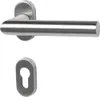 A stainless steel door handle and keyhole escutcheon on a white background. Produktbild-Vorschau