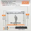 Diagram showing the dimensions and features of a pop-up canopy tent, with a person for scale. Voir les images du produit