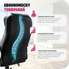 Close-up of the back of a black ergonomic office chair with an illustration of a spine on it, accompanied by descriptive text boxes. Voir les images du produit