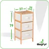 A product shot of a bamboo chest of drawers with fabric drawers, featuring dimensions indicated by measurement lines and numbers. Podgląd zdjęcia produktu