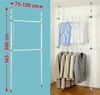 A two-part image showing a telescopic wardrobe system on a blue background and a similar system with clothes hanging on it against a white wall. Produktbild-Vorschau