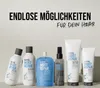 A collection of KMS Moist Repair hair products displayed on a light gray background with marketing text. Voir les images du produit