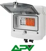 A white electrical enclosure with a transparent lid open, revealing internal components. A logo is visible at the bottom. Náhled obrázku produktu
