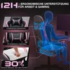 A diagram illustrating the ergonomic features of a gaming chair, with a blue silhouette of a person sitting in it, highlighting spinal support and cushioning. Produktbild-Vorschau